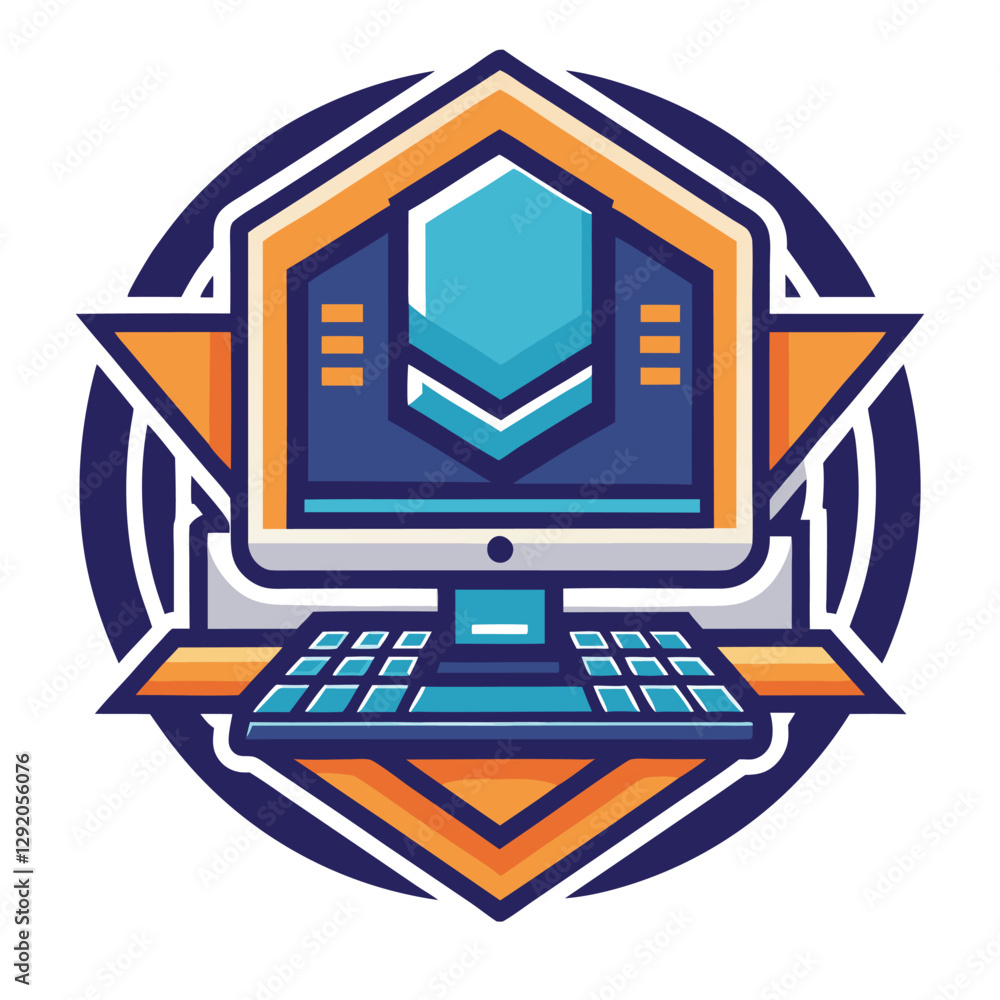 Poster stylized computer with keyboard and shield symbol in a modern badge design, digital protection and t