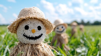 Fototapeta premium Happy scarecrows in a green field under a blue sky
