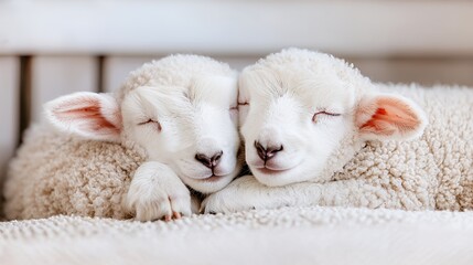 Two lambs cuddling, sleeping peacefully indoors, calm background