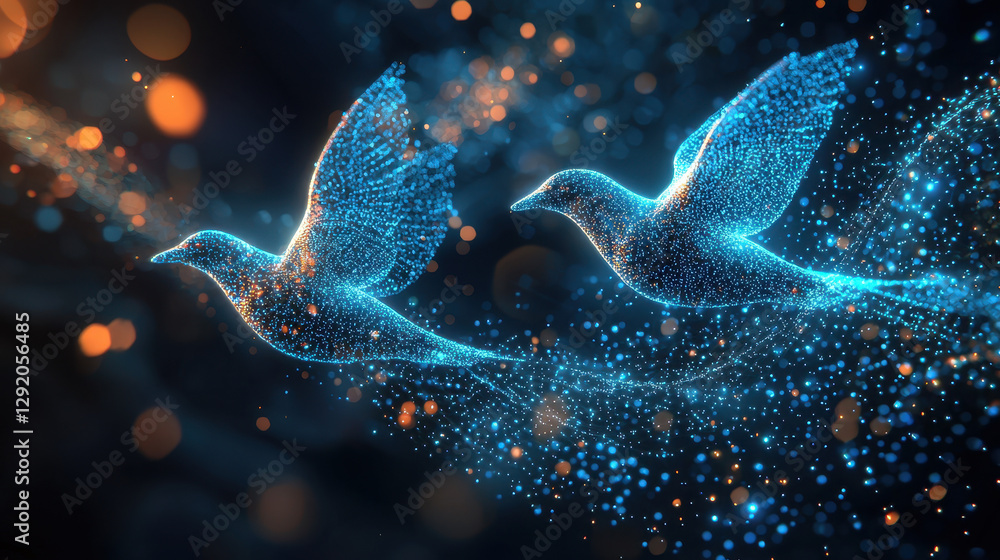 Poster futuristic robotic birds create stunning glitching holographic patterns while soaring through cybers
