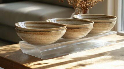 beautiful modern presentation set of beige plates made from reactive glaze on a table