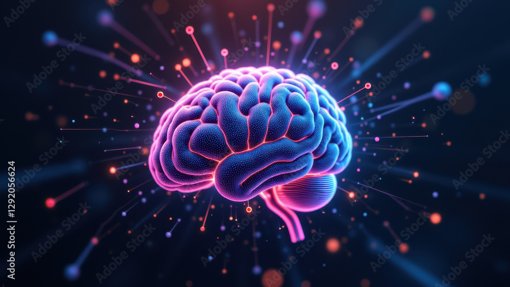 Poster an artistic representation of artificial general intelligence featuring a glowing brain with swirlin