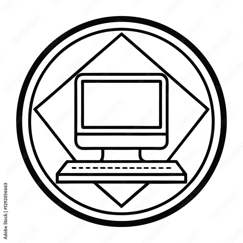 Poster simple line art illustration of a computer with keyboard in a badge, digital and technology design c