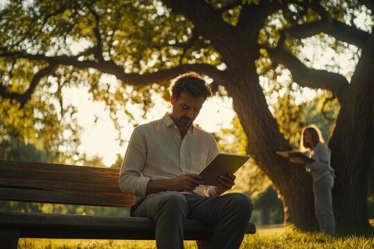 A man sits on a park bench, engrossed in his tablet, under the shade of a large tree.  A woman is blurred in the background.