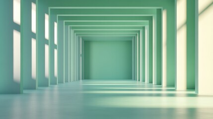 Long corridor with green walls and white floor leading to a bright open space in a modern building