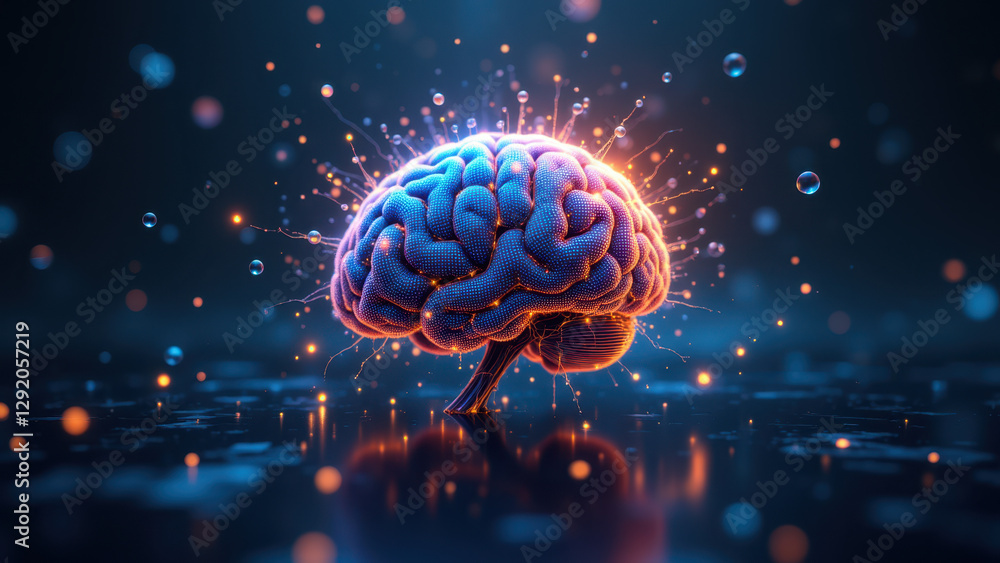 Poster A 3D rendered illustration of an artificial brain with glowing energy particles floating around it, symbolizing artificial general intelligence (AGI).
