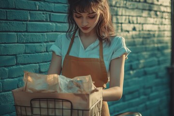 A young woman in an apron carefully places baked goods into a basket against a teal brick wall.