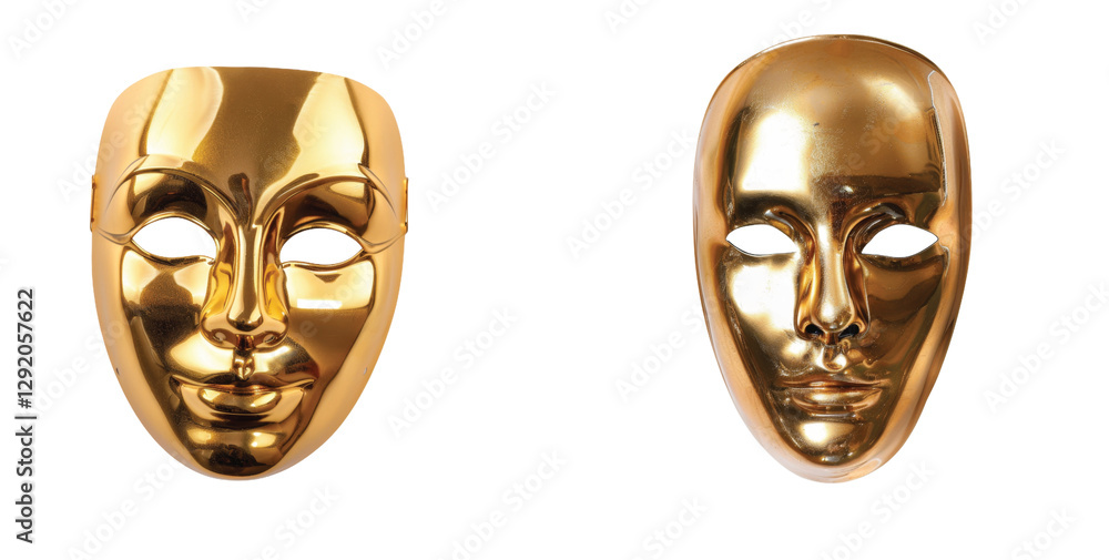 Poster two shiny gold masks with open eye holes and smooth surfaces in a close perspective view