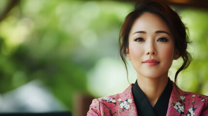 Asian businesswoman wearing a pink jacket with flowers posing in a natural background, looking confident