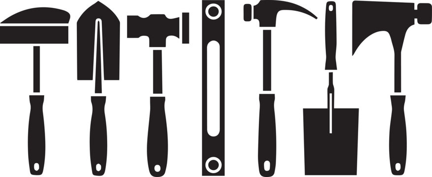 A detailed masonry tools set vector silhouette illustration featuring essential construction tools. Perfect for logos, icons, prints, and digital designs.