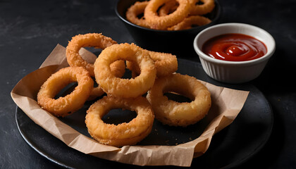 Crispy Onion Rings Stacked on a Plate with Ketchup for Dipping