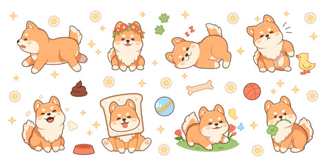 Fototapeta premium Kawaii shiba dog. Funny pets characters, different actions, fluffy domestic animals, cute mascot, japanese breed, akita ken pup, grooming logo, cartoon flat isolated tidy vector set