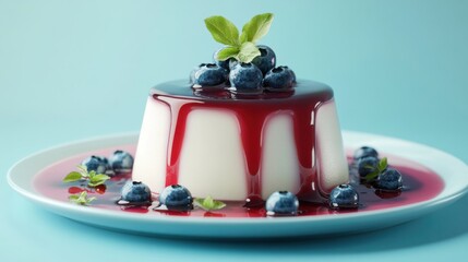 3D vector icon of panna cotta with a blueberry sauce, detailed textures and realistic lighting, pastel blue background