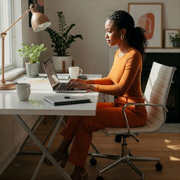 Young African American Woman Working in Office on Laptop, Work From Home in her Apartment Living Room Cozy Living, African American Girl, WFH, Working Remote, Cozy Office, Running a Business