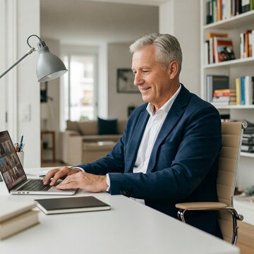 Successful Business Man Working in Office, Taking Meeting Call from Laptop, Older Businessman, Senior Businessman, Working From Home, Working Remote, Taking Remote Call, Running Business, WFH