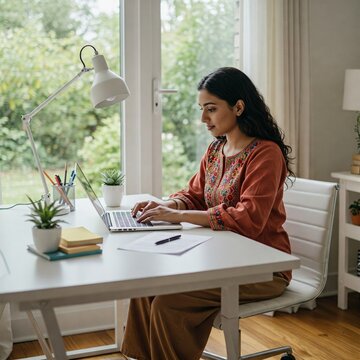 Young South Asian Woman Working From Home, Pretty Indian Girl, Study on Laptop, Indian Woman, Indian Student, South Asian Girl, South Asian Student, Masters Student, Studying Abroad, J1 Visa, H1B Visa