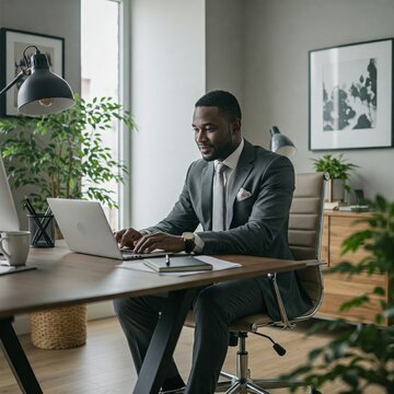 Successful African American Businessman Working at a Desk, African American Business Owner, CEO, Working From Home, African American Owned Business, Handsome Young Businessman
