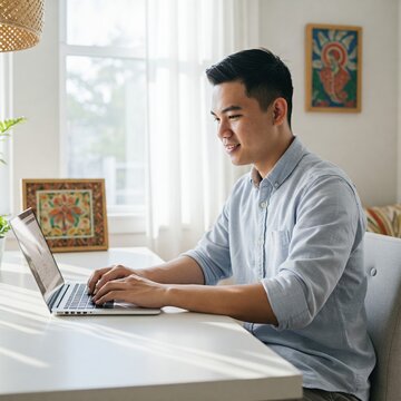 Filipino Man Working From Home, Work Remote, East Asian Man, Young Professional, Cozy Office, Working in Office, Remote Call, Blue Shirt, Bright Office, Plants, Urban Office, Handsome Young Man