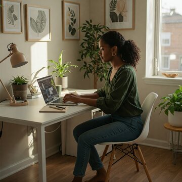 Young African American Woman Working on Laptop in a Office, Studying Work From Home Apartment Living Room Cozy Living, African American Girl, WFH, Working Remote, Cozy Office, Running a Business