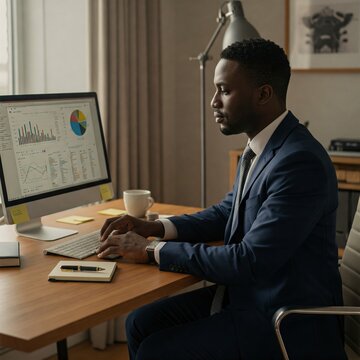 Successful African American Businessman Working on a Desktop, African American Business Owner, CEO, Working From Home, African American Owned Business, Handsome Young Businessman