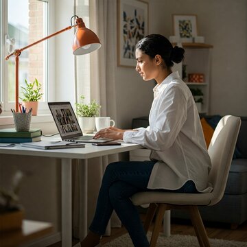 Young South Asian Woman Working From Home in Sunny Office, Pretty Indian Girl, Indian Woman, Young Professional Woman, CEO, Business Owner, Indian Student, South Asian Girl, South Asian Businesswoman