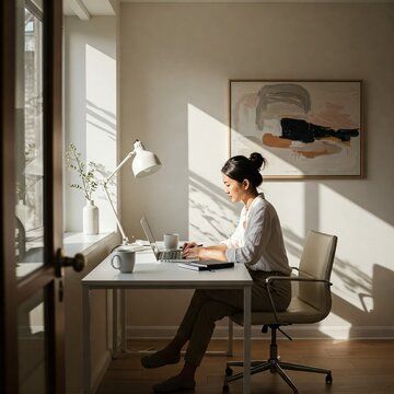 Young Asian Woman Working From Home on Laptop Bright Apartment Living Room Cozy Living, Plants, Young Asian Woman, Asian Professional, WFH, Working Remote, Cozy Office, Running a Business, Freelancer
