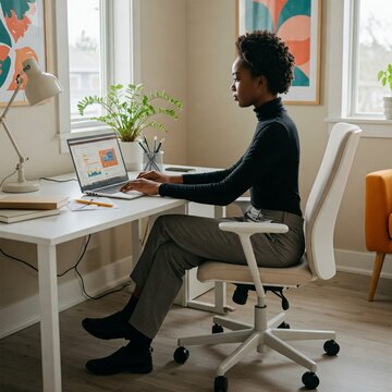 Young African American Woman Working on Laptop in a Office, Work From Home in her Apartment Living Room Cozy Living, African American Girl, WFH, Working Remote, Cozy Office, Running a Business