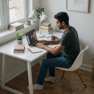 Young South Asian Man Working From Home, Studying From Home, Study on Laptop, Indian Boy, Indian Student, South Asian Boy, South Asian Student, Masters Student, Studying Abroad, J1 Visa, H1B Visa