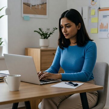 Young South Asian Woman Working on Laptop, Work From Home, Pretty Indian Girl, Indian Woman, Young Professional Woman, CEO, Business Owner, Indian Student, South Asian Girl, South Asian Businesswoman