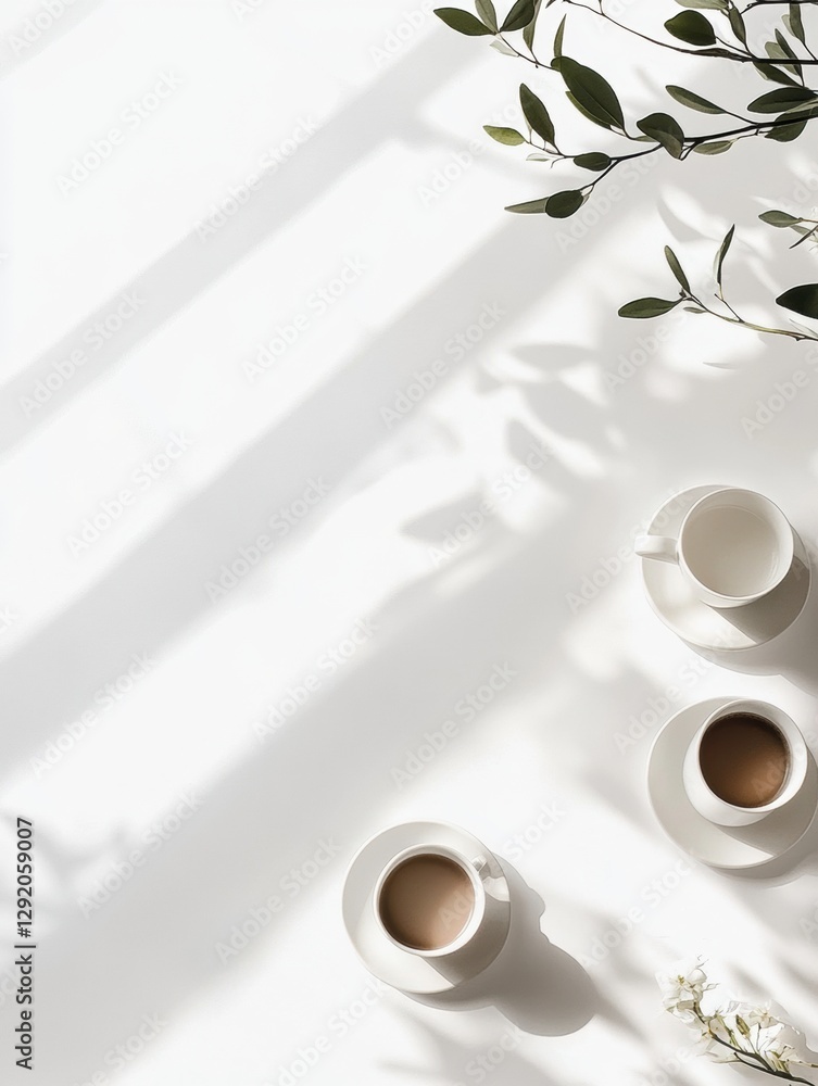 Poster morning coffee setup with white cups and gentle shadows from leaves creating a serene atmosphere. ge