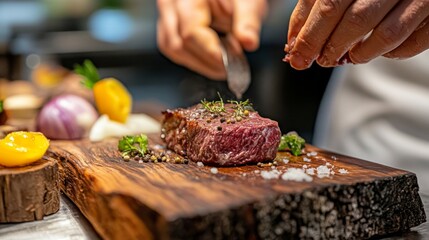 Chef Throwing Salt on Raw Beef Steak on Wooden Cutting Board. Preparation of Meat, Ingredients Around.