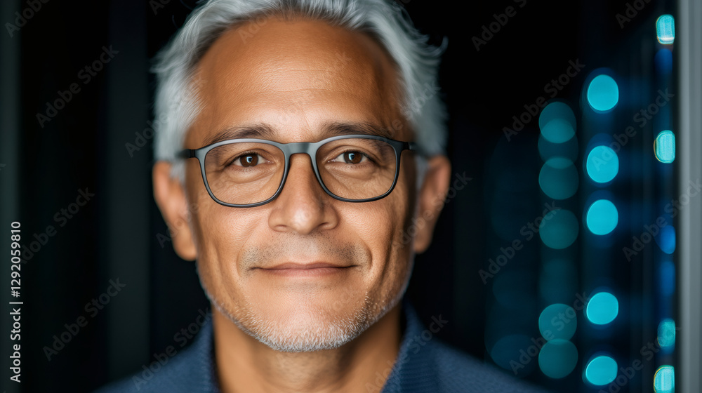 Poster close-up portrait of an it specialist standing in a server room, smiling confidently and looking pro
