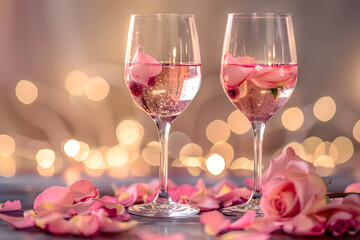 Romantic rose petal wine toast