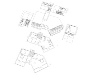 Futuristic Architectural Wireframe. Abstract Modern Building Design in Digital Sketch Style