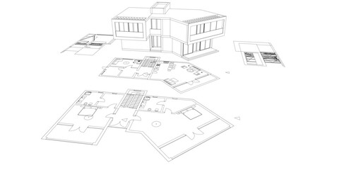 Futuristic Architectural Wireframe. Abstract Modern Building Design in Digital Sketch Style