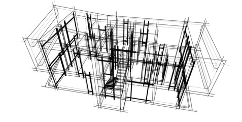 Futuristic Architectural Wireframe. Abstract Modern Building Design in Digital Sketch Style