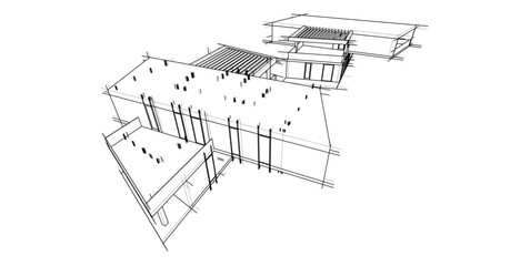 Futuristic Architectural Wireframe. Abstract Modern Building Design in Digital Sketch Style