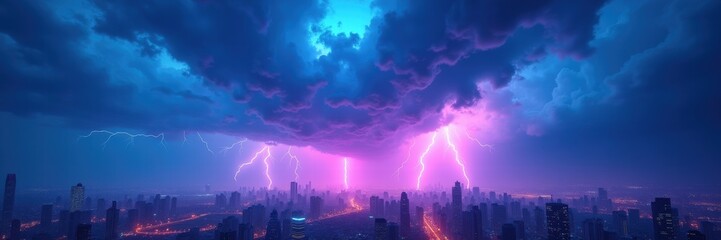 A dramatic skyline illuminated by vibrant lightning amidst dark storm clouds, capturing the power of nature in a stunning urban landscape.