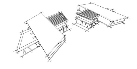 Futuristic Architectural Wireframe. Abstract Modern Building Design in Digital Sketch Style