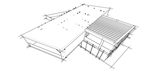 Futuristic Architectural Wireframe. Abstract Modern Building Design in Digital Sketch Style