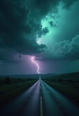Dramatic landscape featuring a remote road illuminated by striking lightning against a moody, stormy sky, perfect for atmospheric visuals.