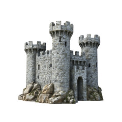 Medieval stone castle with several watchtowers, isolated on a transparent background. Ideal for historical, architectural and fantasy themes, png