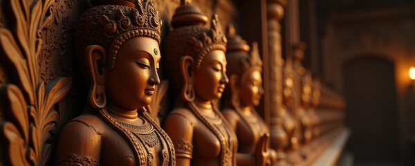 Fototapeta premium Intricately carved wooden buddha sculptures aligned against a richly adorned backdrop, showcasing craftsmanship and cultural serenity in warm lighting.