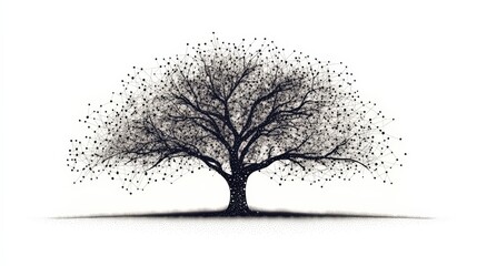 Fototapeta premium Artistic depiction of a tree with scattered dots symbolizing leaves against a white background