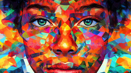 A kaleidoscope of colors representing ethnically diverse faces with distinct freckles, scars, and wrinkles, woven into abstract patterns. Abstract Kaleidoscope Portrait. Illustration