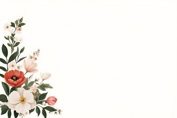 Floral corner accent featuring red, pink, and white flowers with verdant leaves, set against a clean white background, creating an elegant and fresh design.