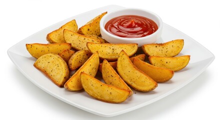 A plate of delicious golden brown crispy potato wedges seasoned with herbs and spices arranged on a white square plate there is a small white bowl filled with a vibrant red dipping sauce ketchup