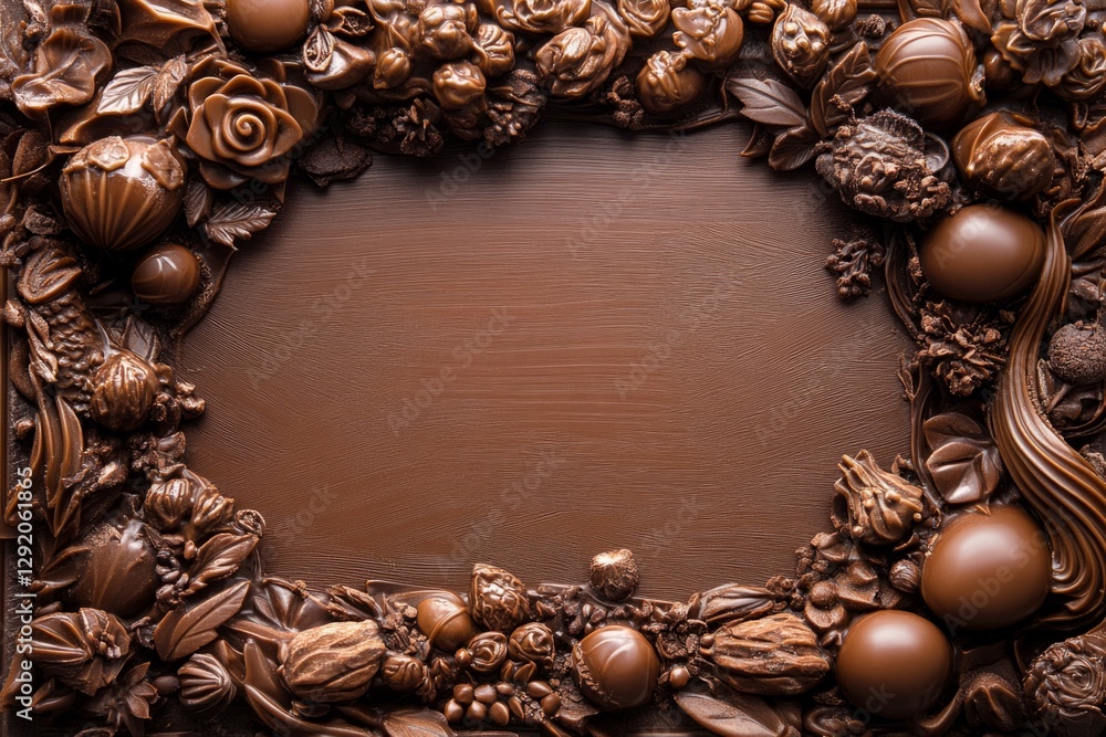 Poster various chocolate candies forming a frame on a chocolate background, providing an empty space for te