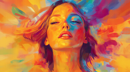 A vibrant, abstract portrait of a woman, her features melting into a kaleidoscope of colors. Abstract Kaleidoscope Portrait. Illustration