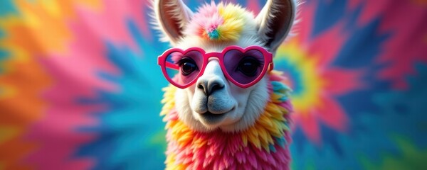 A colorful llama wearing pink heart-shaped sunglasses, set against a vibrant tie-dye background, perfect for playful marketing and branding materials.